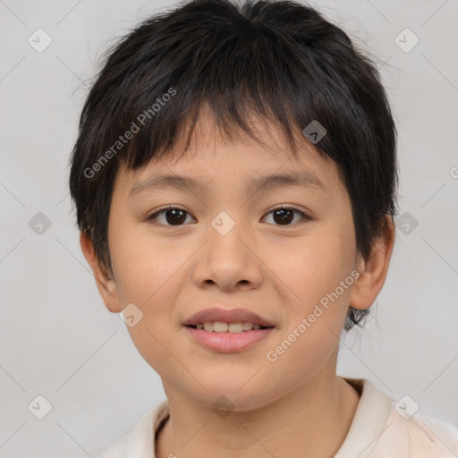 Joyful white child female with medium  brown hair and brown eyes