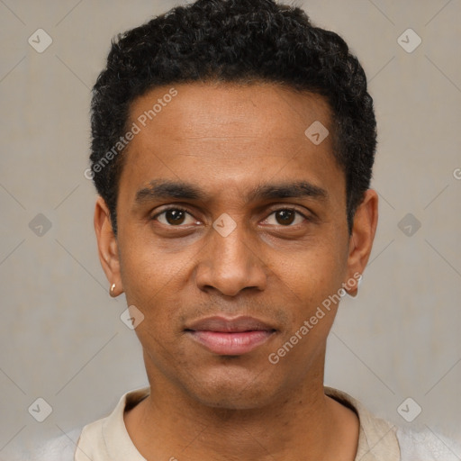 Neutral black young-adult male with short  black hair and brown eyes