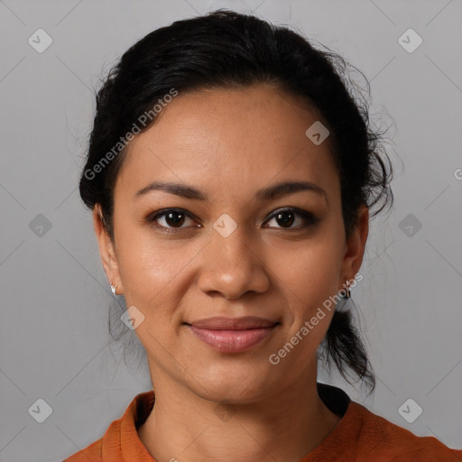 Joyful latino young-adult female with medium  black hair and brown eyes