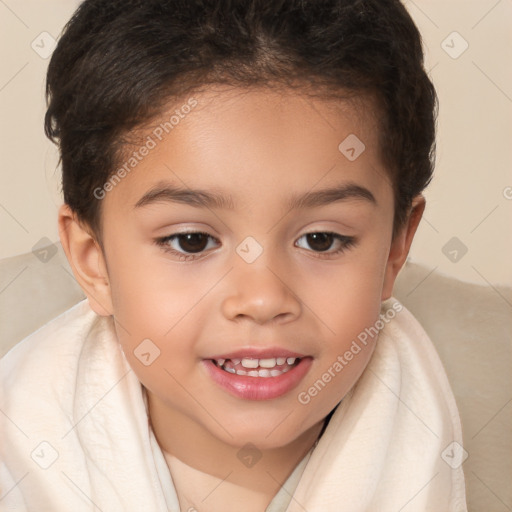 Joyful white child female with short  brown hair and brown eyes