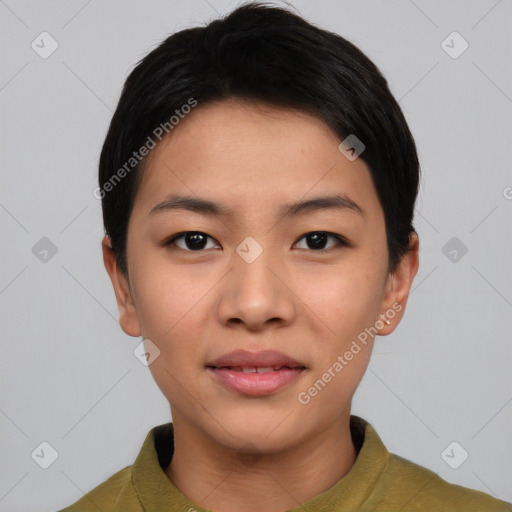 Joyful asian young-adult female with short  black hair and brown eyes