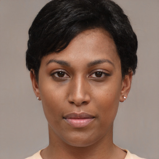 Neutral asian young-adult female with short  black hair and brown eyes