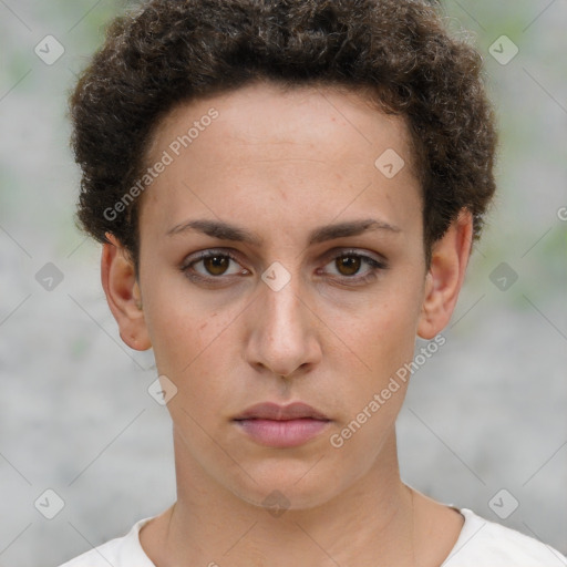 Neutral white young-adult female with short  brown hair and brown eyes