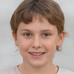 Joyful white child female with medium  brown hair and grey eyes