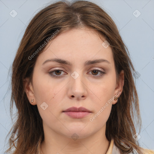 Neutral white young-adult female with medium  brown hair and brown eyes