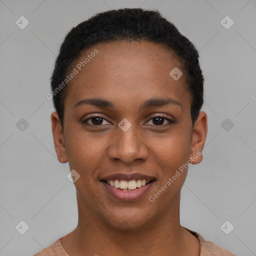 Joyful black young-adult female with short  brown hair and brown eyes