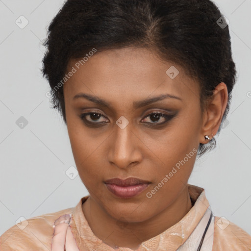 Joyful latino young-adult female with short  brown hair and brown eyes