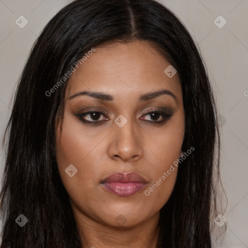 Joyful latino young-adult female with long  brown hair and brown eyes