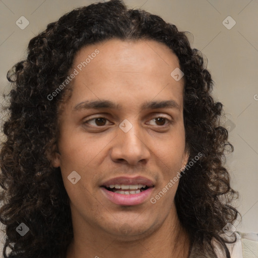 Joyful white young-adult male with medium  brown hair and brown eyes