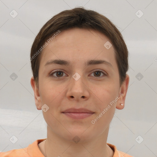 Neutral white young-adult female with short  brown hair and brown eyes