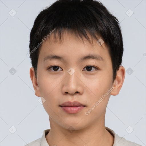 Neutral asian young-adult male with short  brown hair and brown eyes