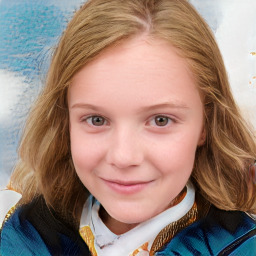 Joyful white child female with medium  brown hair and blue eyes