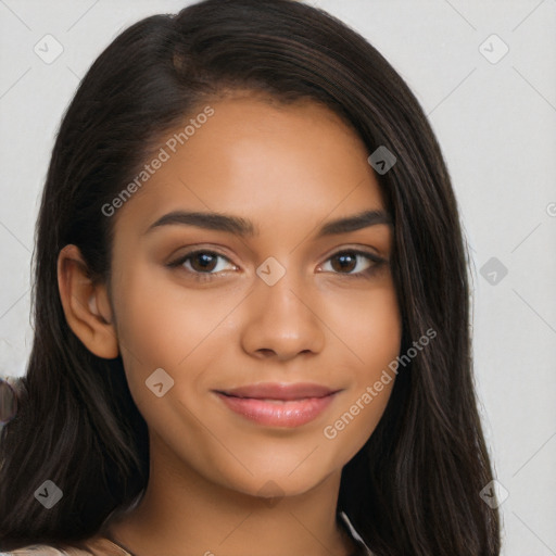 Joyful latino young-adult female with long  black hair and brown eyes