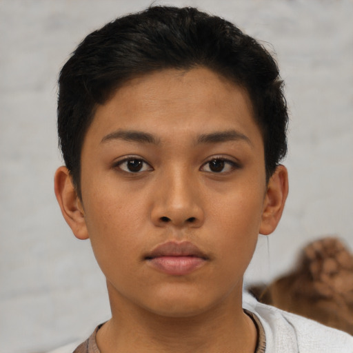 Neutral asian young-adult female with short  brown hair and brown eyes