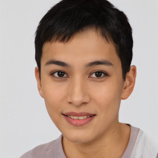 Joyful asian young-adult female with short  brown hair and brown eyes