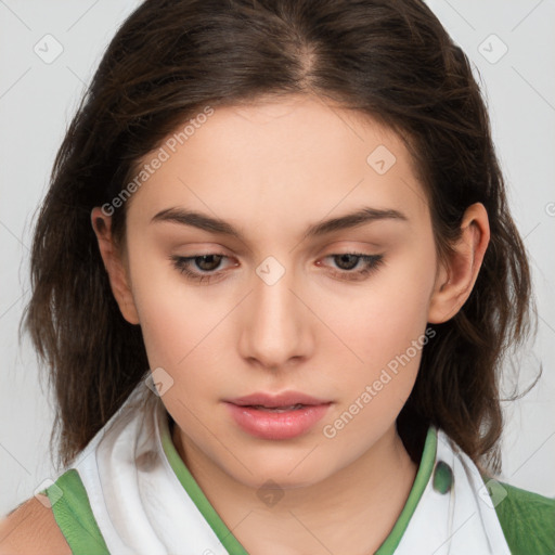 Neutral white young-adult female with medium  brown hair and brown eyes