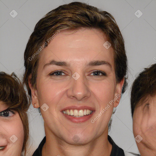 Joyful white young-adult female with medium  brown hair and brown eyes