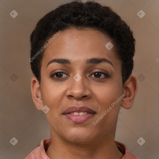 Joyful latino young-adult female with short  brown hair and brown eyes