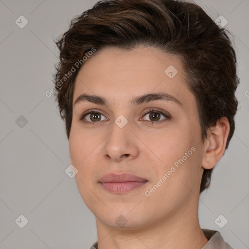 Joyful white young-adult female with short  brown hair and brown eyes