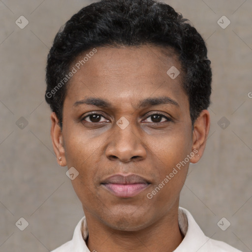 Neutral latino young-adult female with short  black hair and brown eyes