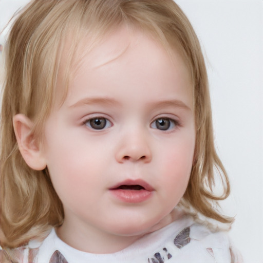 Neutral white child female with medium  blond hair and blue eyes