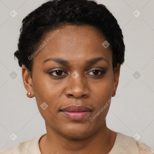 Neutral black young-adult female with short  black hair and brown eyes