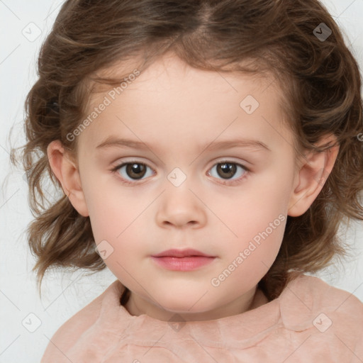 Neutral white child female with medium  brown hair and grey eyes