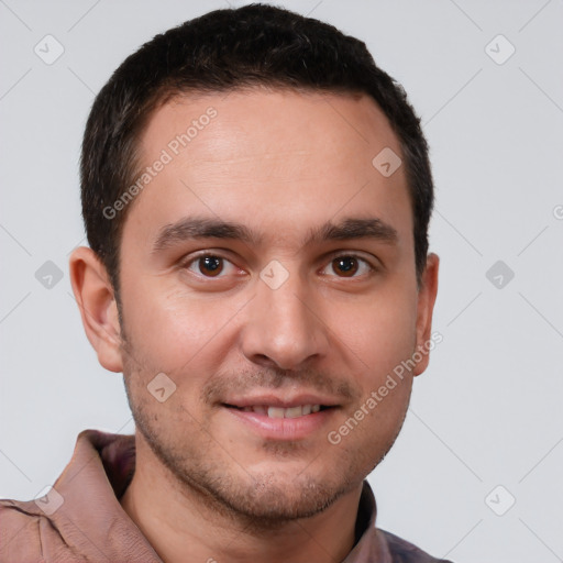 Joyful white young-adult male with short  brown hair and brown eyes