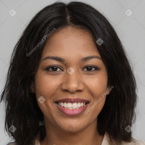 Joyful black young-adult female with medium  brown hair and brown eyes