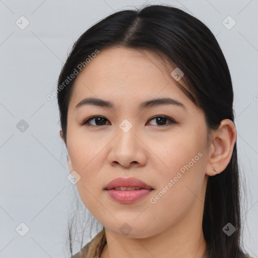 Joyful white young-adult female with long  brown hair and brown eyes