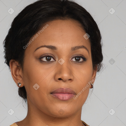 Joyful latino young-adult female with medium  brown hair and brown eyes