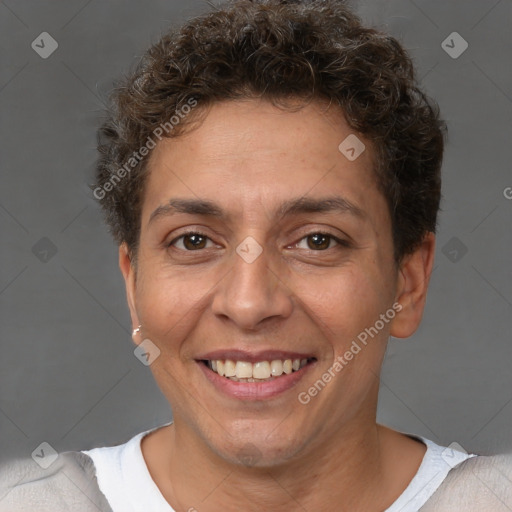 Joyful white adult female with short  brown hair and brown eyes