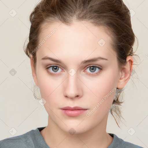 Neutral white young-adult female with medium  brown hair and grey eyes