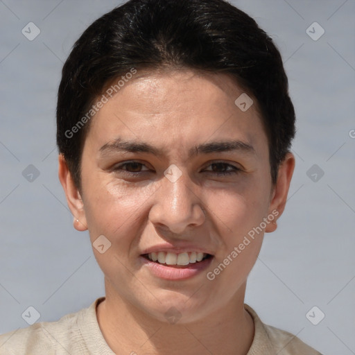 Joyful white young-adult female with short  brown hair and brown eyes