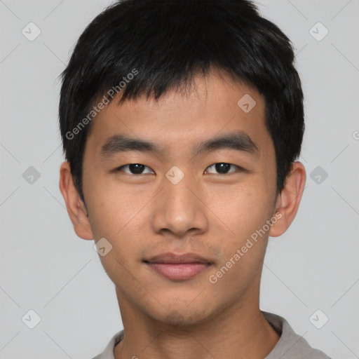 Neutral asian young-adult male with short  black hair and brown eyes