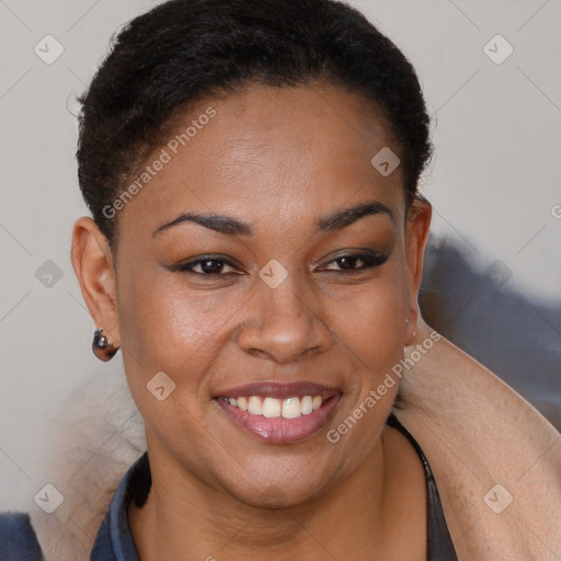 Joyful black young-adult female with short  brown hair and brown eyes