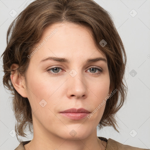 Neutral white young-adult female with medium  brown hair and grey eyes