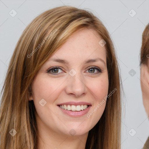 Joyful white young-adult female with long  brown hair and grey eyes