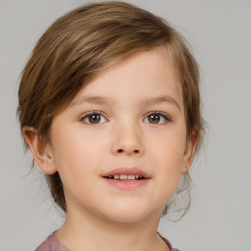 Joyful white child female with medium  brown hair and brown eyes