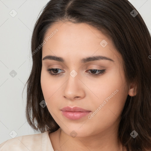 Neutral white young-adult female with long  brown hair and brown eyes