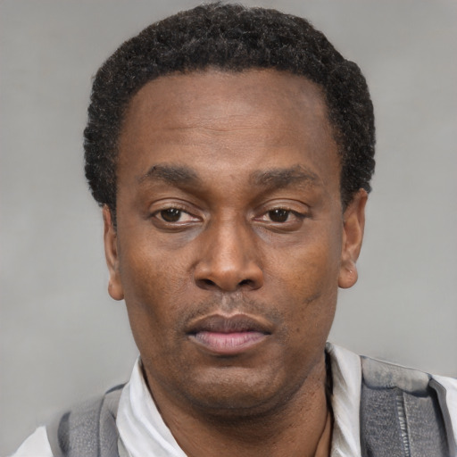 Neutral black adult male with short  black hair and brown eyes