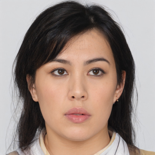 Neutral asian young-adult female with medium  black hair and brown eyes