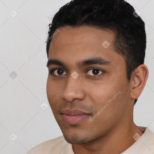 Neutral latino young-adult male with short  black hair and brown eyes