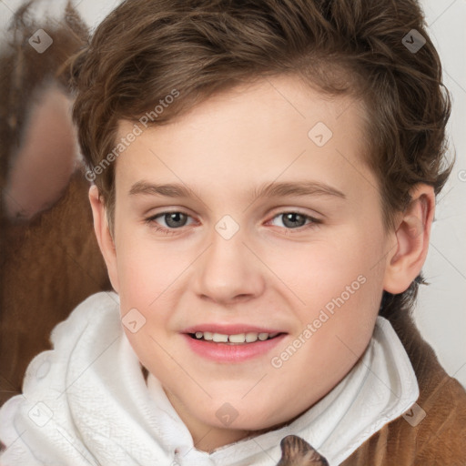 Joyful white child female with short  brown hair and brown eyes