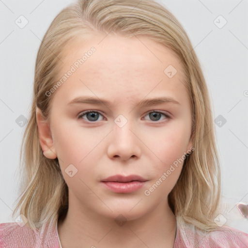 Neutral white child female with medium  brown hair and blue eyes