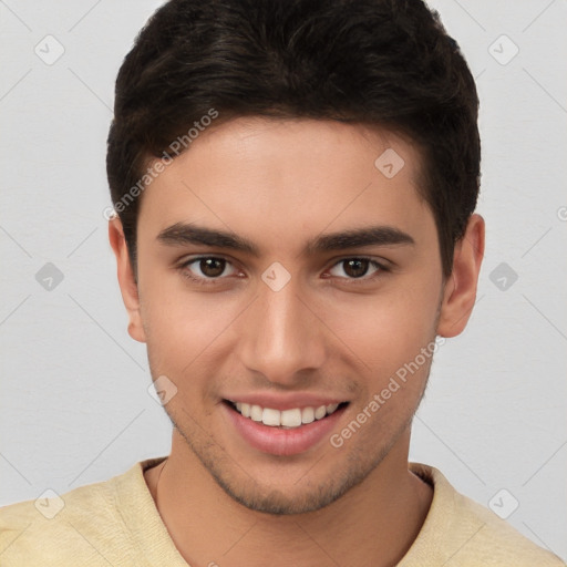 Joyful white young-adult male with short  brown hair and brown eyes