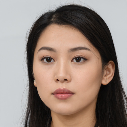 Neutral asian young-adult female with long  black hair and brown eyes