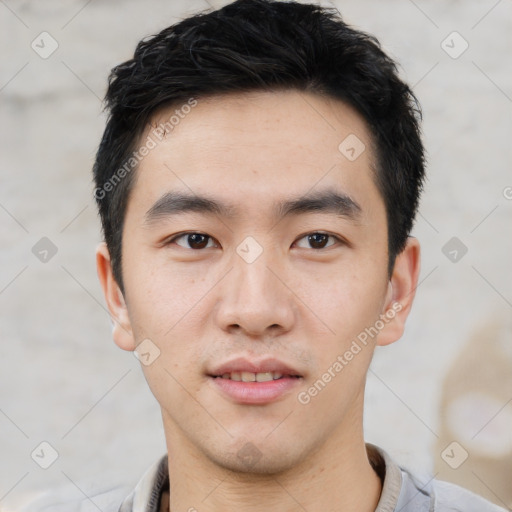 Neutral asian young-adult male with short  black hair and brown eyes