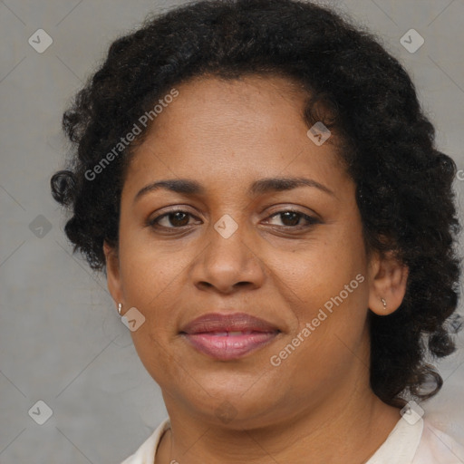 Joyful black adult female with short  brown hair and brown eyes