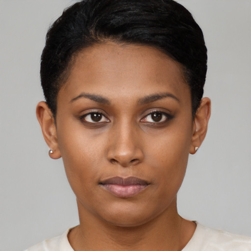 Neutral black young-adult female with short  black hair and brown eyes